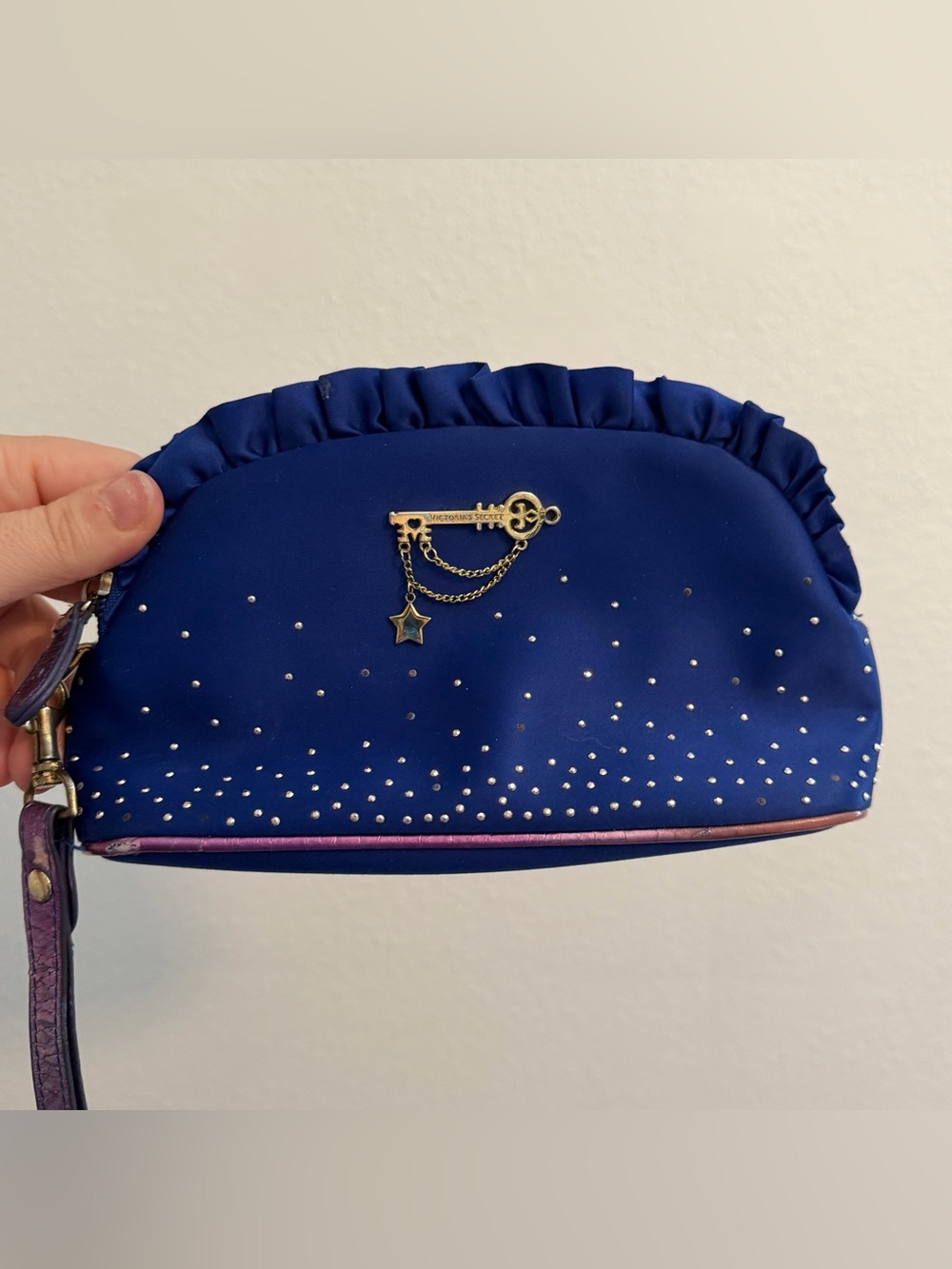 Victoria's Secret Deep Blue Satin Cosmetic Pouch with Gold Key Charm